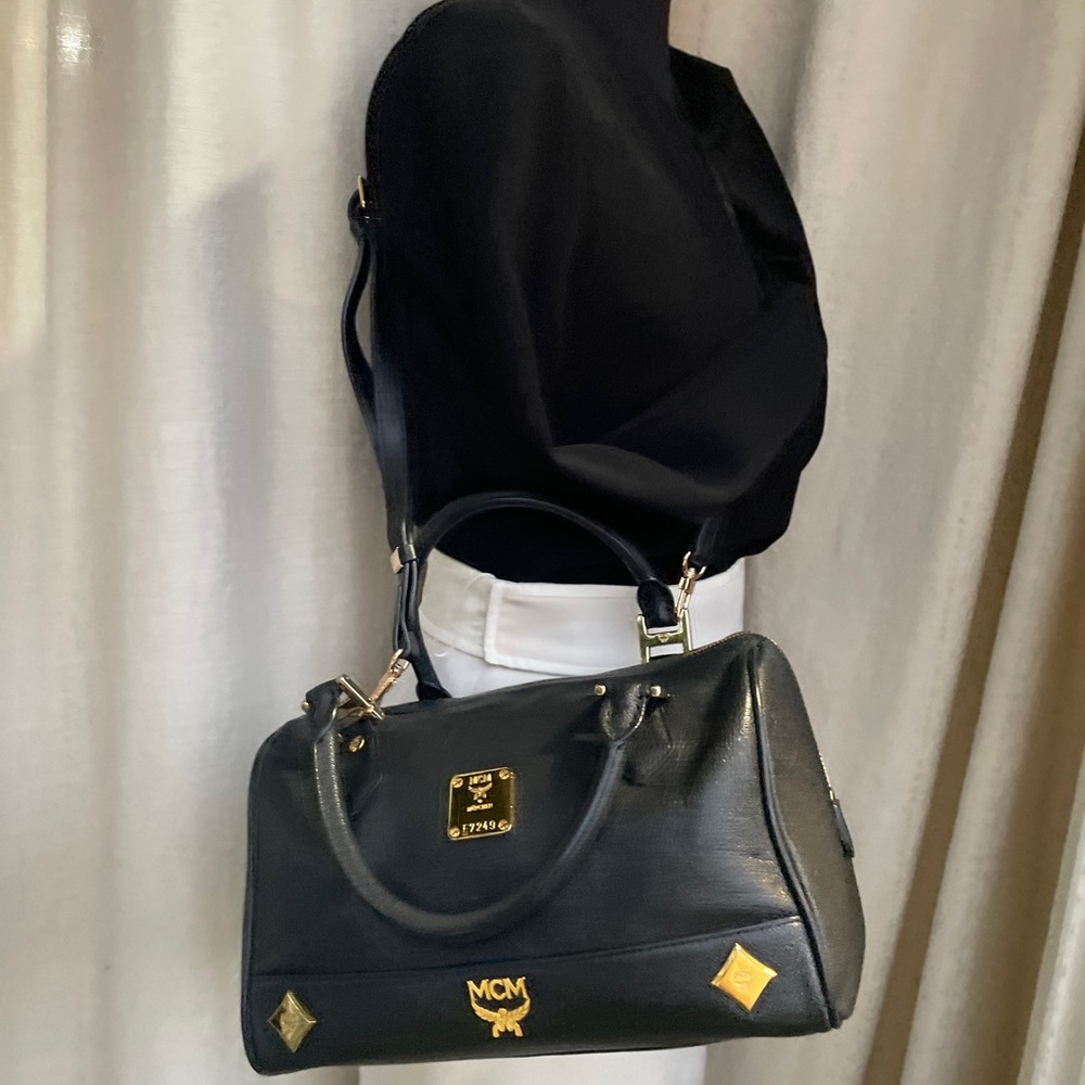 MCM Black Leather Gold Studded Boston Bag w/ unbranded xbody strap-EUC